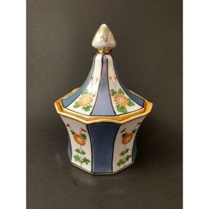 Vintage Lusterware Covered Candy Dish Peach Blue Gold Ceramic Porcelain Painted